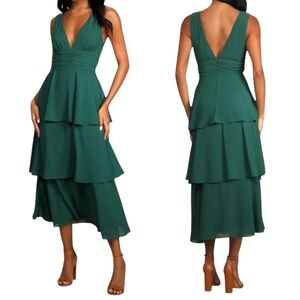 NWOT Lulus Celebration Time Emerald Green Tiered Midi Dress Size L